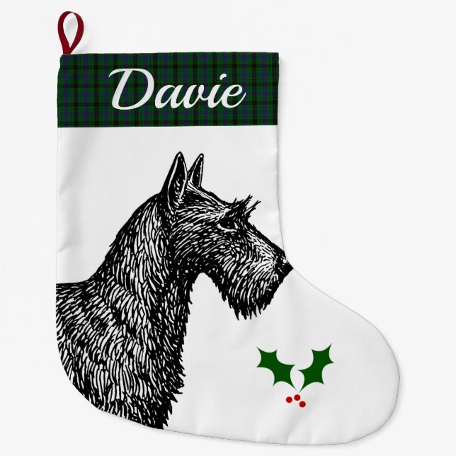 Scottish Terrier with Clan Davidson Tartan Large Christmas Stocking (Front)