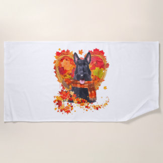 Scottish Terrier With Heart Made Of Autumn Leaves Beach Towel