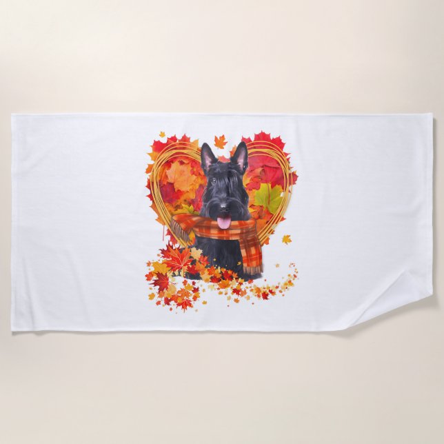 Scottish Terrier With Heart Made Of Autumn Leaves Beach Towel (Front)