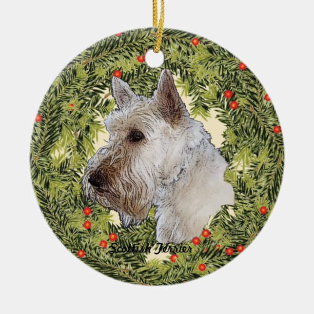 Scottish Terrier Wreath Ceramic Tree Decoration (Front)