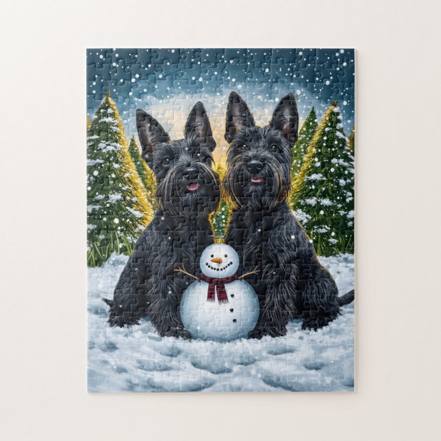 Scottish Terriers and Winter Snowman Jigsaw Puzzle (Vertical)