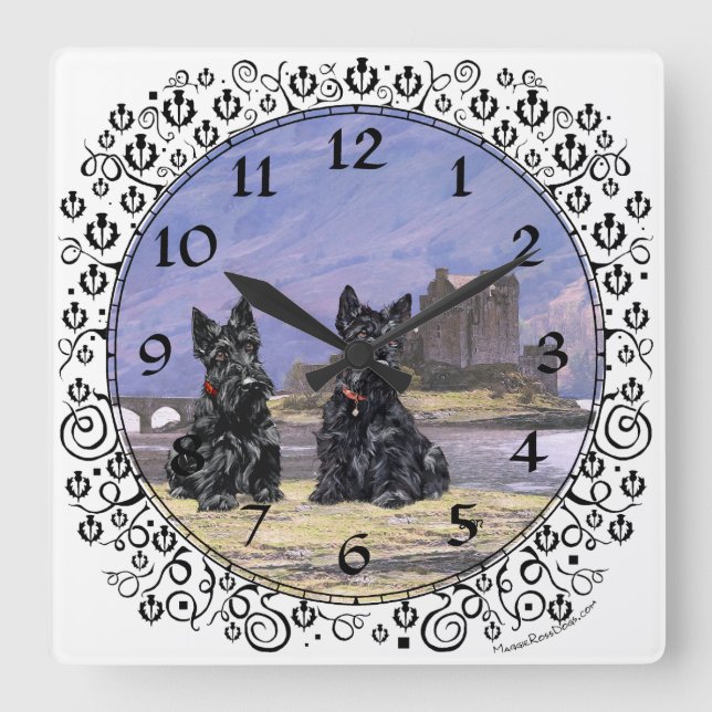 Scottish Terriers at Eilean Donan Castle Square Wall Clock (Front)