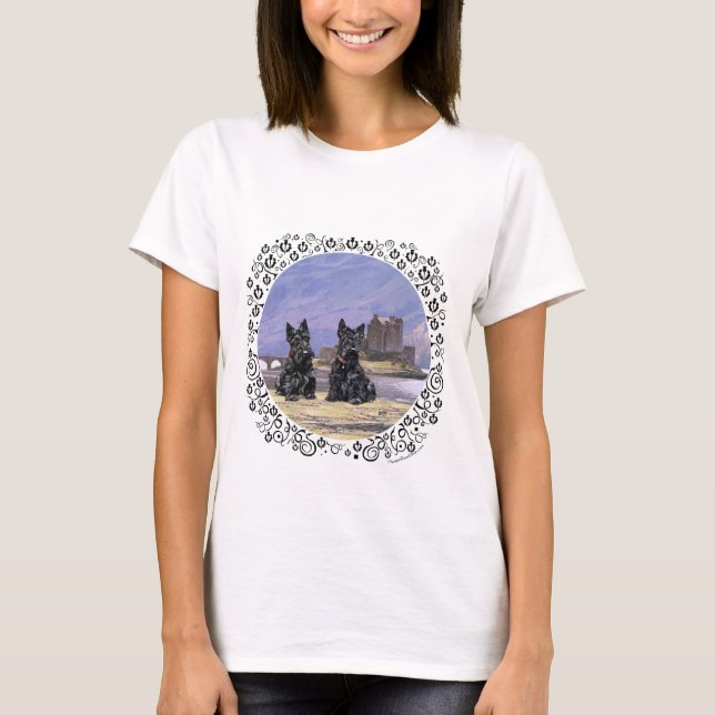 Scottish Terriers at Eilean Donan Castle T-Shirt (Front)