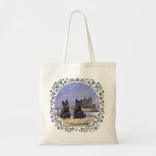 Scottish Terriers at Eilean Donan Castle Tote Bag