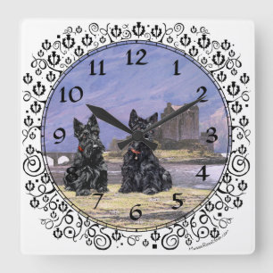Scottish Terriers at Eileen Donan Castle Square Wall Clock