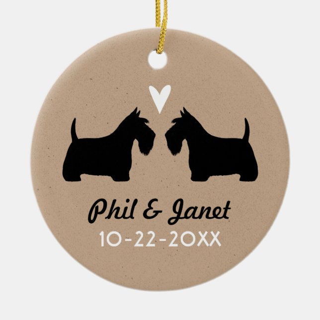 Scottish Terriers Couple Scottie Dogs Love Custom Ceramic Ornament (Front)