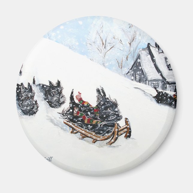 Scottish Terriers Sledding Magnet (Front)