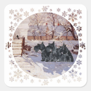 Scottish Terriers Winter Magpie Square Sticker