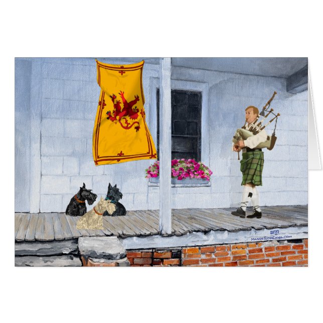 Scottish Terriers with Bagpiper (Front Horizontal)