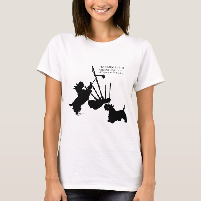 Scottish Terriers with Great Highland Bagpipe T-Shirt (Front)