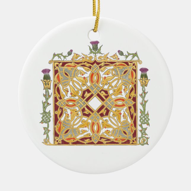 Scottish Thistle and Crown Red & Gold Celtic Knot Ceramic Ornament (Front)