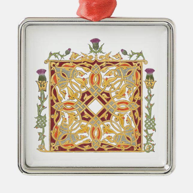 Scottish Thistle and Crown Red & Gold Celtic Knot Metal Ornament (Front)
