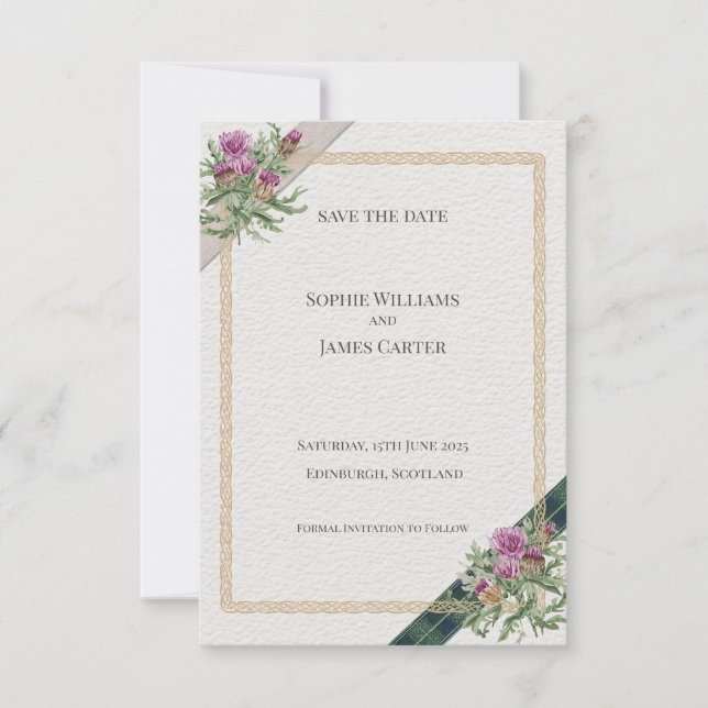 Scottish Thistle Celtic Tartan Save The Date Card (Front)