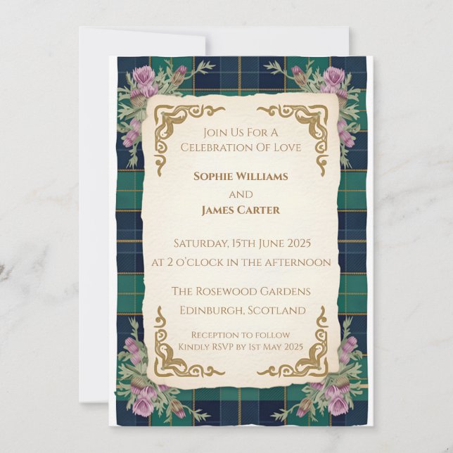 Scottish Thistle Celtic Tartan Wedding Invitation (Front)