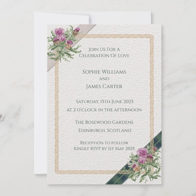 Scottish Thistle Celtic Tartan Wedding Invite (Front)