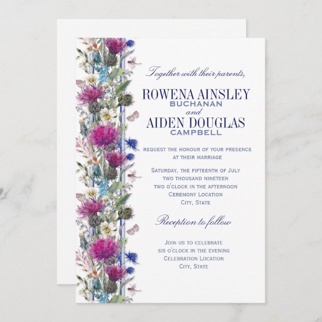 Scottish Thistle Floral Wedding Invitation (Front/Back)