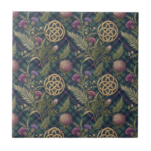 Scottish Thistle & Gold Celtic Knot Design Pattern Ceramic Tile