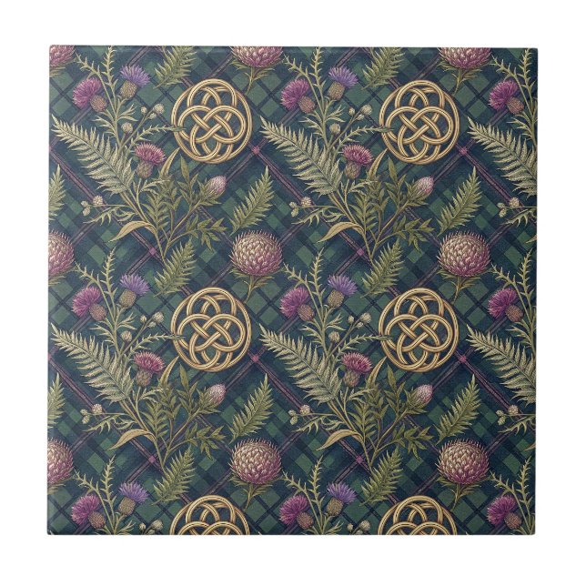 Scottish Thistle & Gold Celtic Knot Design Pattern Ceramic Tile (Front)