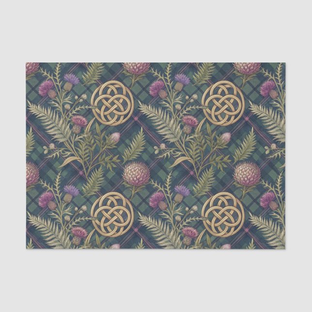Scottish Thistle & Gold Celtic Knot Design Pattern Tissue Paper (Front)
