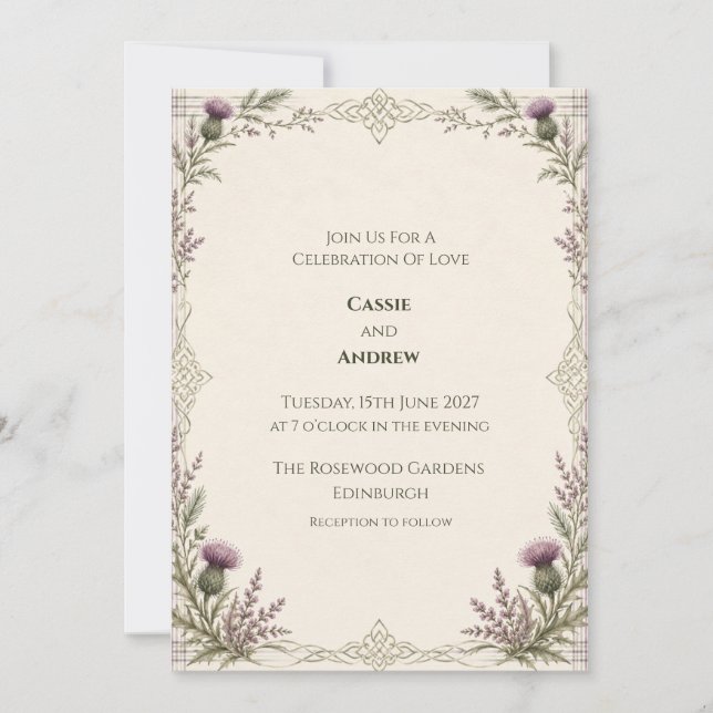 Scottish Thistle Heather Celtic Frame Wedding Invitation (Front)