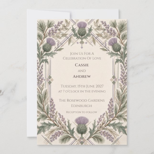 Scottish Thistle Heather Tartan Wedding Invitation (Front)