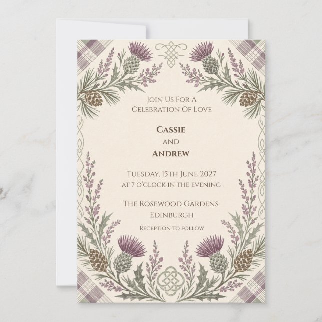 Scottish Thistle Heather Tartan Wedding Invitation (Front)