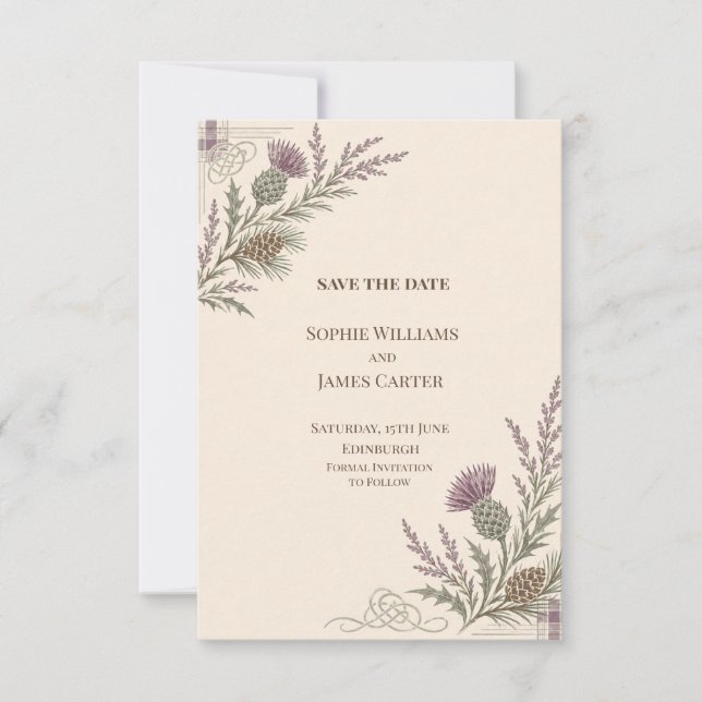 Scottish Thistle Heather Tartan Wedding Save The Date (Front)
