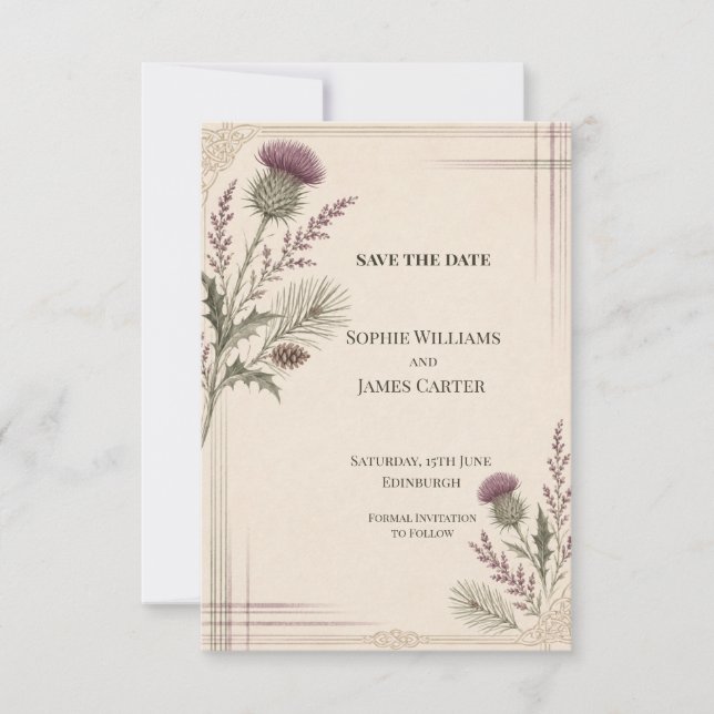 Scottish Thistle Heather Tartan Wedding Save The Date (Front)