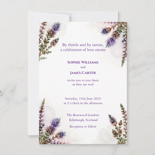 Scottish Thistle Heather Watercolour Wedding Invit Invitation (Front)