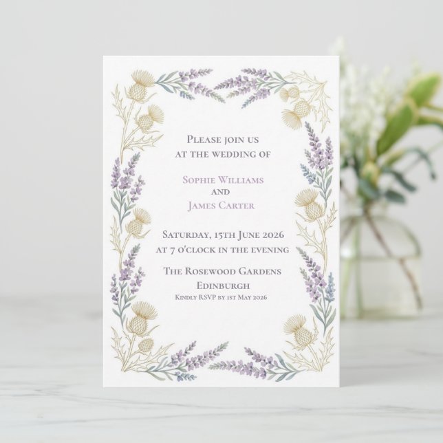 Scottish Thistle Lavender Gold Full Border Wedding Invitation (Standing Front)