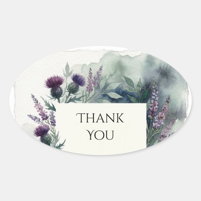 Scottish Thistle Lavender Wedding Thank You Oval Sticker (Front)