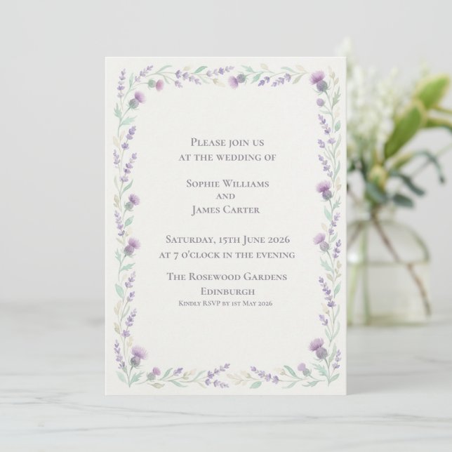 Scottish Thistle Lavender Wreath Frame Wedding Invitation (Standing Front)
