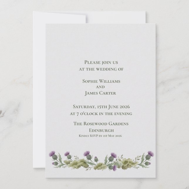 Scottish Thistle Minimal Clean White Wedding Invitation (Front)