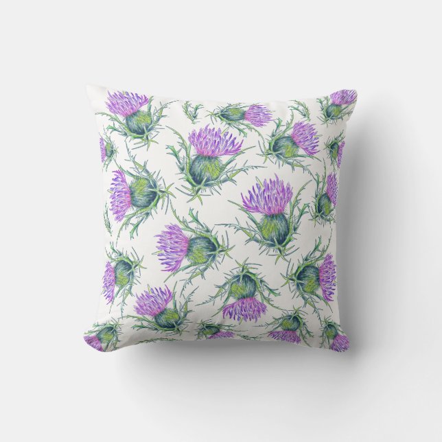 Scottish thistle - purple flower watercolor  cushion (Front)