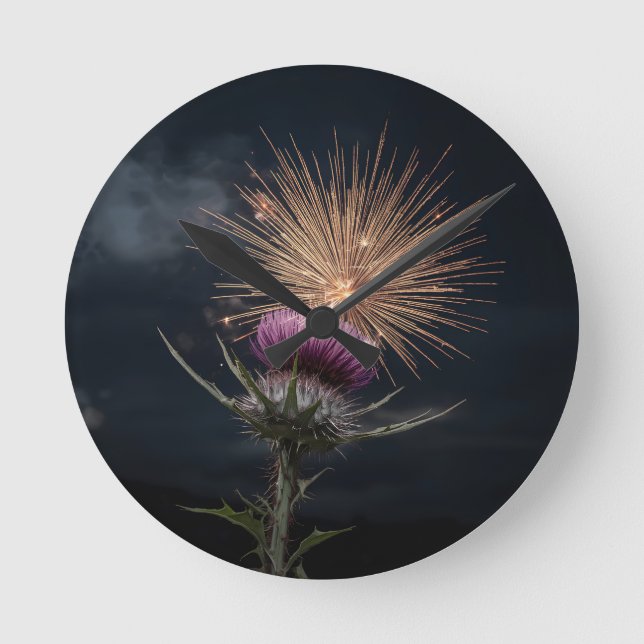 Scottish Thistle Round Wall Clock | Dramatic Dark  (Front)