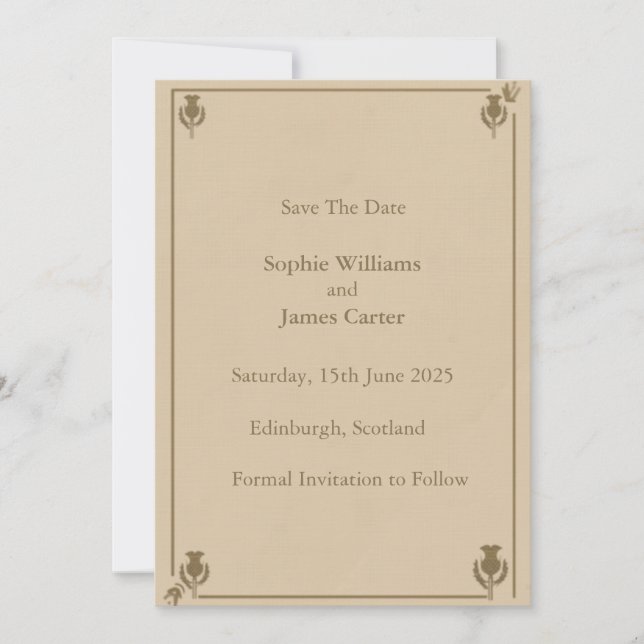 Scottish Thistle Save the Date Card | Elegant Beig (Front)