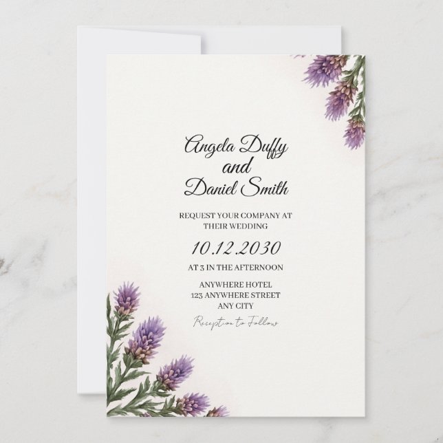 Scottish Thistle Script Wedding Invitation | Water (Front)