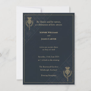 Scottish Thistle Tartan Navy Gold Evening Invitati Invitation