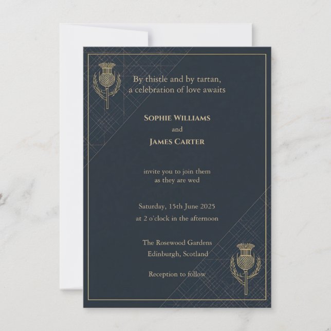 Scottish Thistle Tartan Navy Gold Invite (Front)