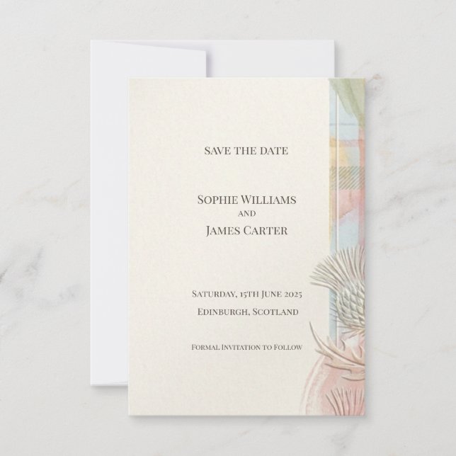 Scottish Thistle Tartan Save the Date | Gold Emble (Front)