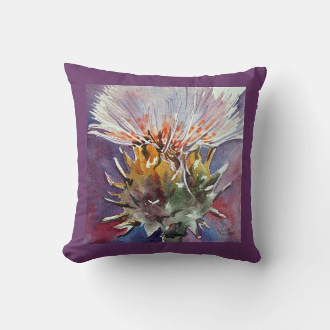 Scottish Thistle Watercolor Fine Art Pillow (Front)