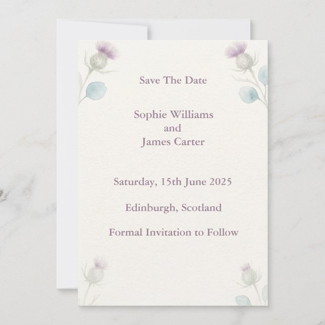 Scottish Thistle Watercolour Wedding Save The Date (Front)