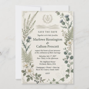 Scottish Thistles, White Wild Roses, Heather, Fern Invitation