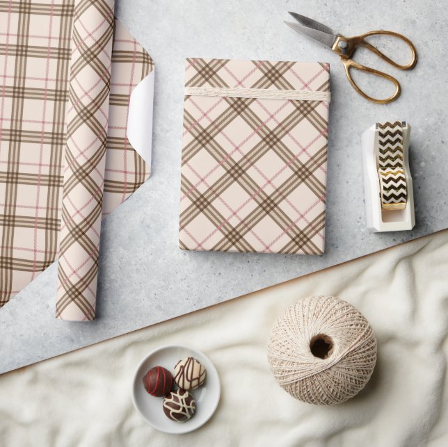 Scottish Thompson plaid tartan beige brown pink Wrapping Paper (Crafts)