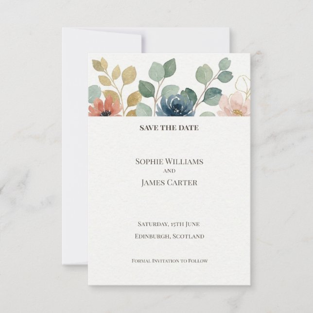 Scottish Watercolor Flower Save the Date Card (Front)