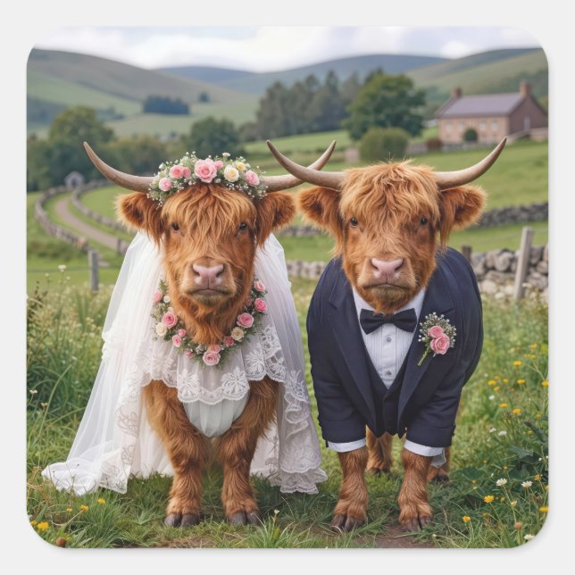 Scottish Wedding Highland Cows Square Sticker (Front)