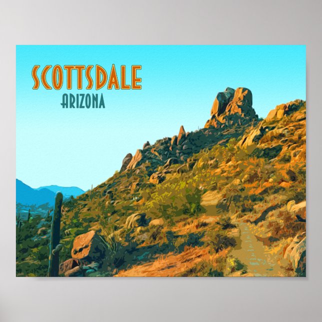 Scottsdale Arizona Cactus and Mountain Vintage Poster (Front)