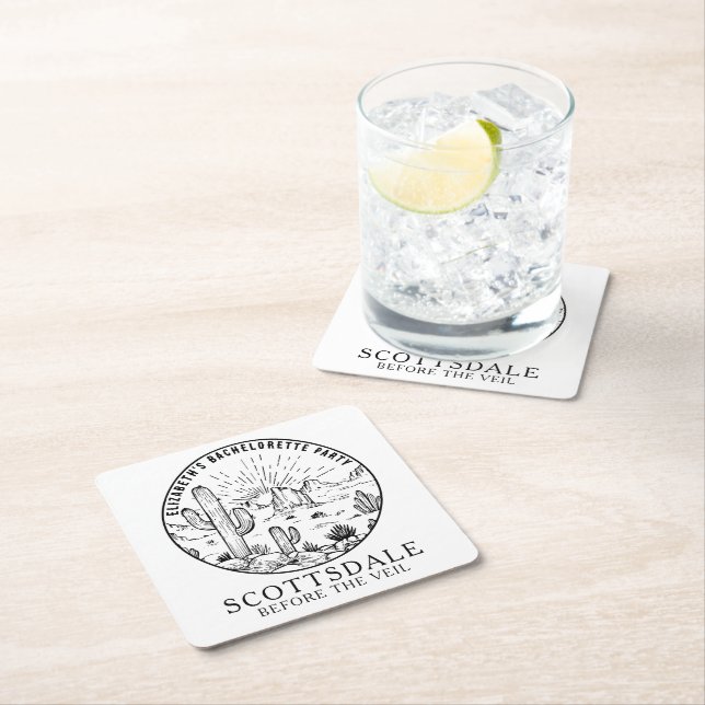 Scottsdale Bachelorette Party Favour Custom Square Paper Coaster (Insitu)