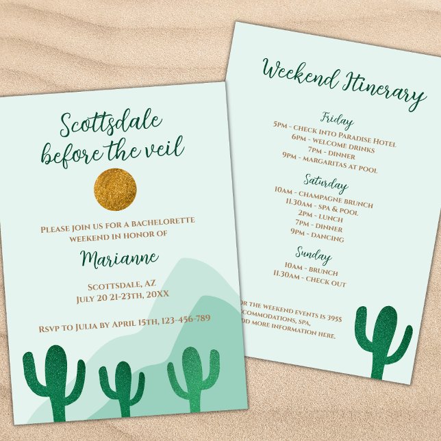 Scottsdale Before The Veil Cactus Bachelorette Invitation (scottsdale before the veil bachelorette weekend itinerary scotssdale bachelorette glitter cactus)