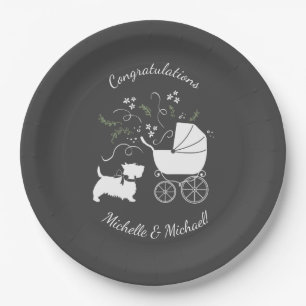 Scotty Dog Baby Shower Puppy Scottish Terrier Grey Paper Plate